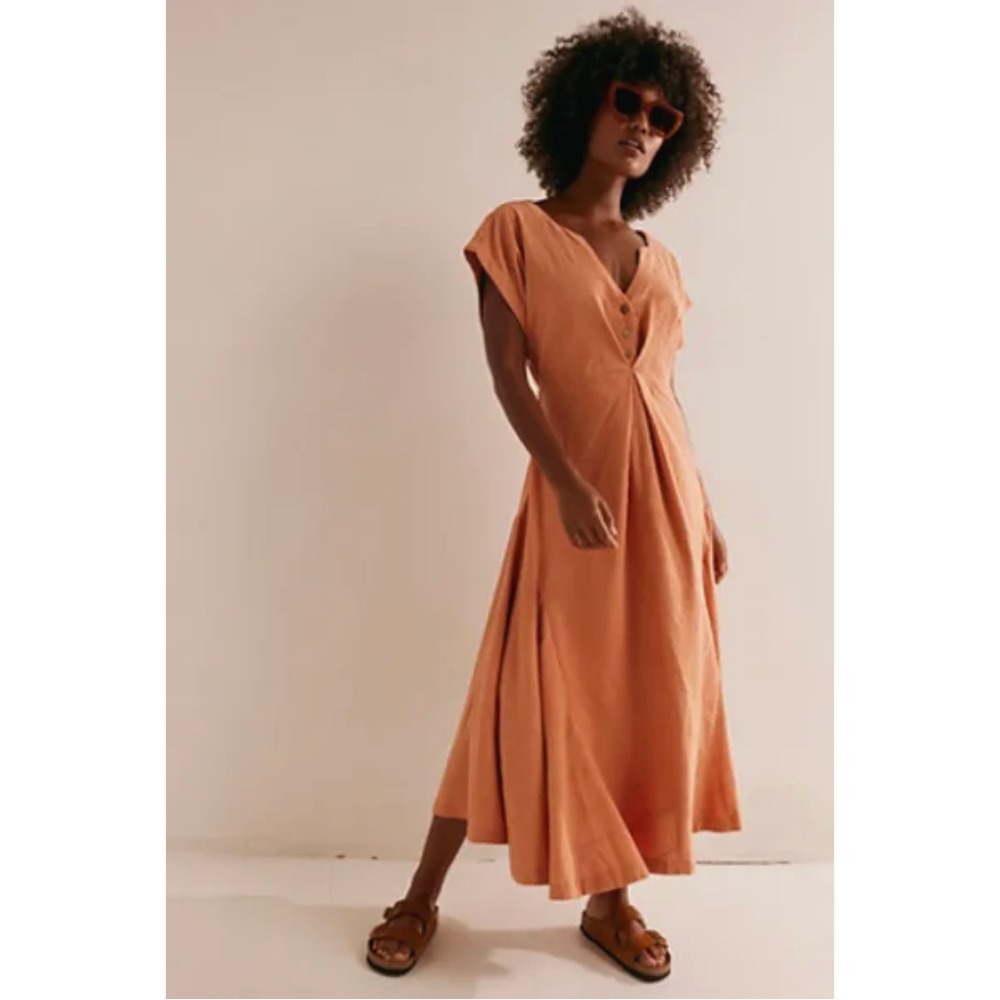 Free People Outta Here Textured Cotton Swing Skirt Sandstone Peach Midi Dress L